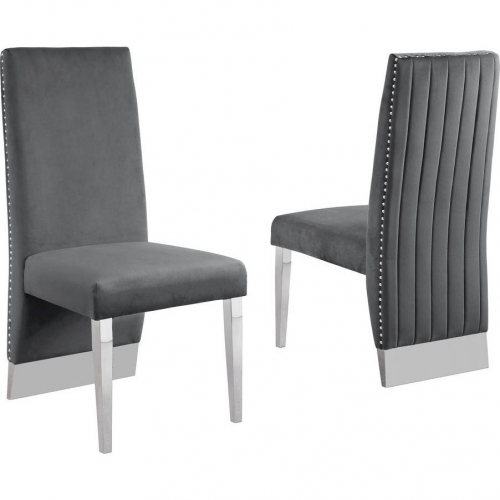 SC16 Dining Chair in Vertical Tufted Gray Velvet & Silver Chrome (Set of 2)