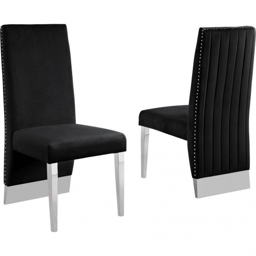 SC16 Dining Chair in Vertical Tufted Black Velvet & Silver Chrome (Set of 2)