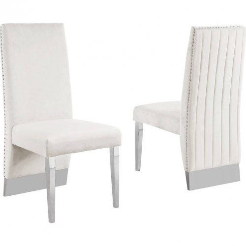 SC16 Dining Chair in Vertical Tufted Cream Velvet & Silver Chrome (Set of 2)