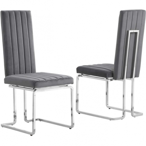 SC340 Dining Chair in Vertical Tufted Dark Gray Velvet & Chrome (Set of 2)