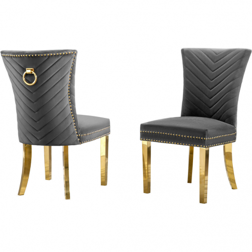 SC364 Dining Chair in Gray Velvet, Gold Stainless Steel Legs & Ring (Set of 2)