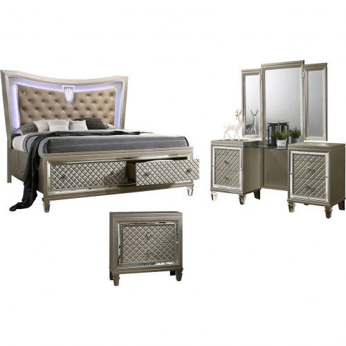 Ven 3 Piece CA King Bedroom Set with Vanity in Champagne Silver Wood