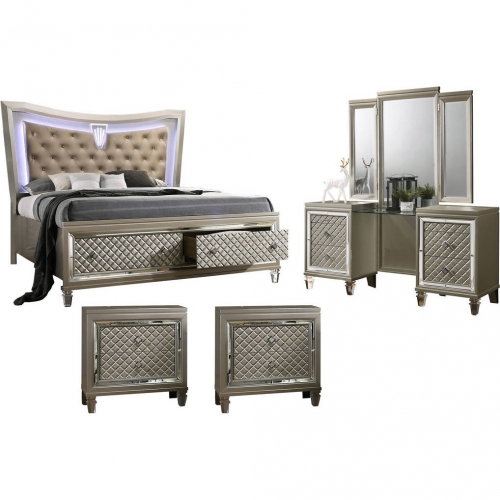 Ven 4 Piece Set with Vanity & King Bed in Champagne Silver Wood