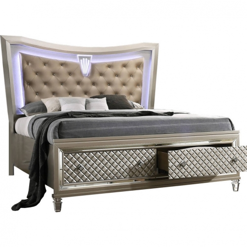 Ven King Storage Bed with LED Headboard in Champagne Silver Wood