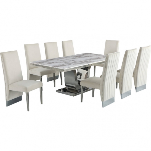 D13 9 Piece Dining in White Marble, Stainless Steel & Cream Velvet