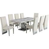 D13 9 Piece Dining in White Marble, Stainless Steel & Cream Velvet
