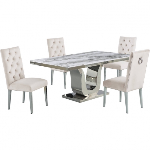 D14 5 Piece Dining Set in White Marble, Stainless Steel & Cream Velvet