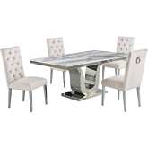 D14 5 Piece Dining Set in White Marble, Stainless Steel & Cream Velvet
