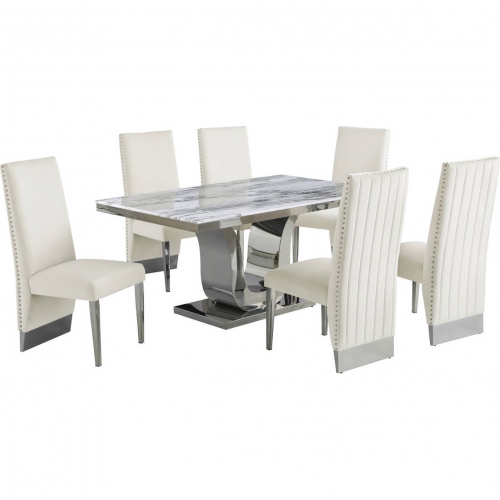 D14 7 Piece Dining Set in White Marble, Stainless Steel & Cream Velvet
