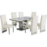 D14 7 Piece Dining Set in White Marble, Stainless Steel & Cream Velvet