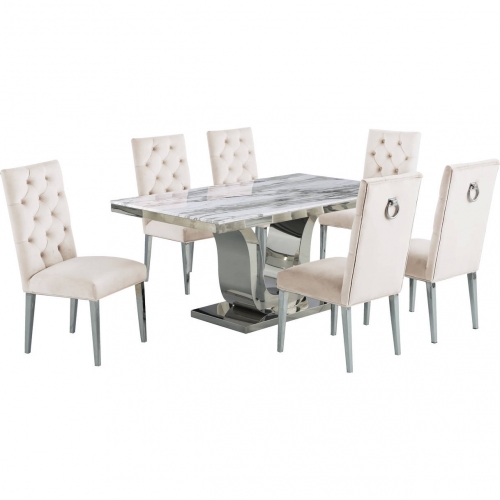 D14 7 Piece Dining Set in White Marble, Stainless Steel & Cream Velvet