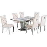 D14 7 Piece Dining Set in White Marble, Stainless Steel & Cream Velvet
