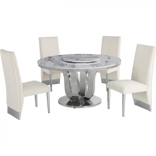 D16 6 Piece Dining Set with Lazy Susan in White Marble, Stainless & Cream Velvet