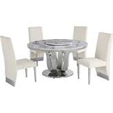 D16 6 Piece Dining Set with Lazy Susan in White Marble, Stainless & Cream Velvet