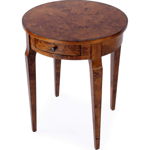 Archer 20" Round 1 Drawer Burl Side Table in Light Brown