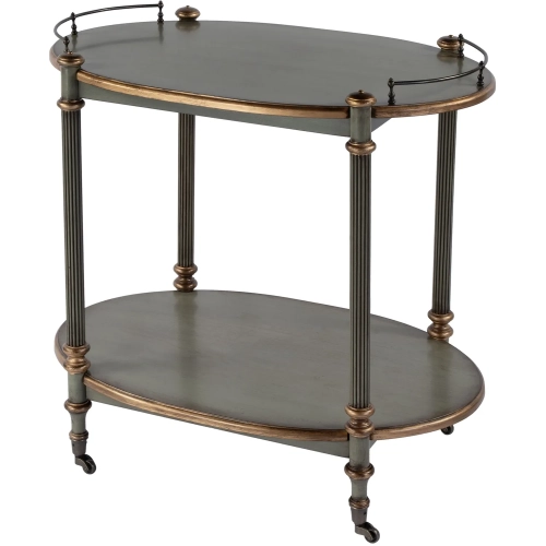 Kathleen 31" 2 Tier Bar Serving Cart w/ Casters in Green & Brass Wood