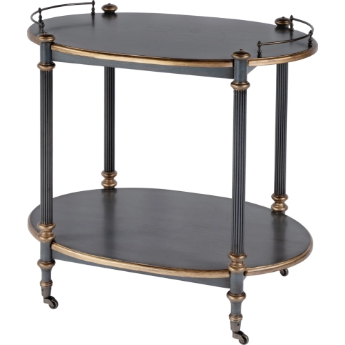 Kathleen 31" 2 Tier Bar Serving Cart w/ Casters in Blue & Brass Wood