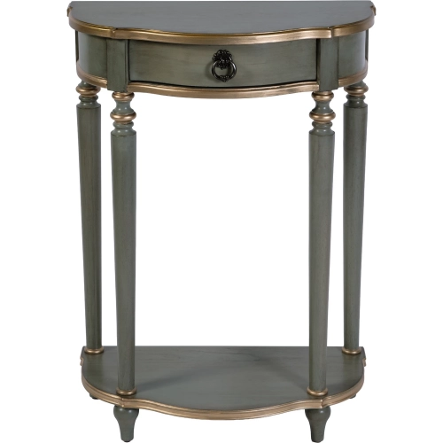Ashby Demilune 1-Drawer Console Table with Shelf in Pastel Green & Gold Wood
