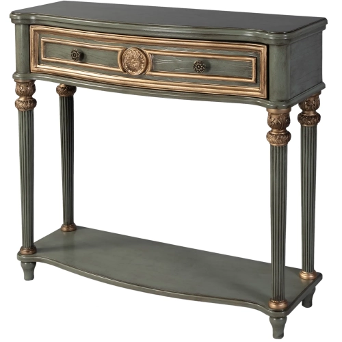 Alexander 37" 1 Drawer Console Table w/ Shelf in Distressed Green & Gold Wood
