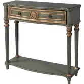Alexander 37" 1 Drawer Console Table with Shelf in Distressed Green & Gold Wood