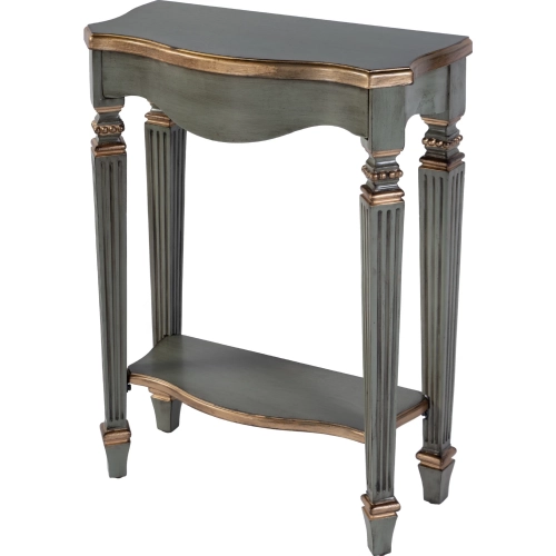 Cheshire Ballerina Console Table w/ Shelf in Distressed Green Finish & Gold Wood