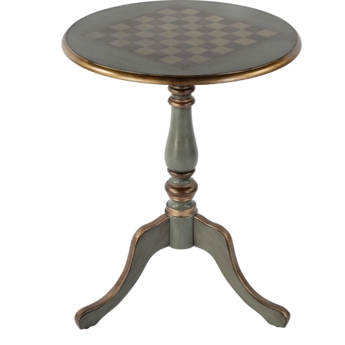 Colbert 22" Round Pedestal Game Accent Table in Distressed Green & Gold Wood