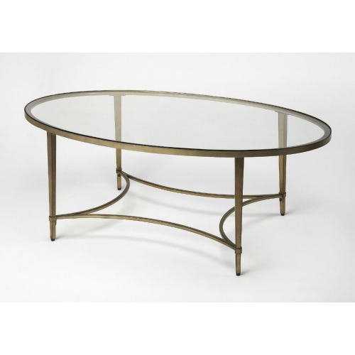 Monica Oval Coffee Table in Antique Gold Metal & Tempered Glass