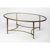 Monica Oval Coffee Table in Antique Gold Metal & Tempered Glass