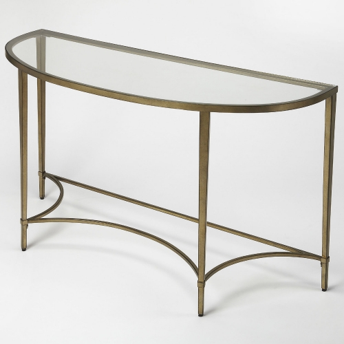Monica Demilune Console Table in Antique Gold Metal & Tempered Glass