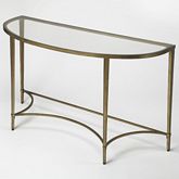 Monica Demilune Console Table in Antique Gold Metal & Tempered Glass