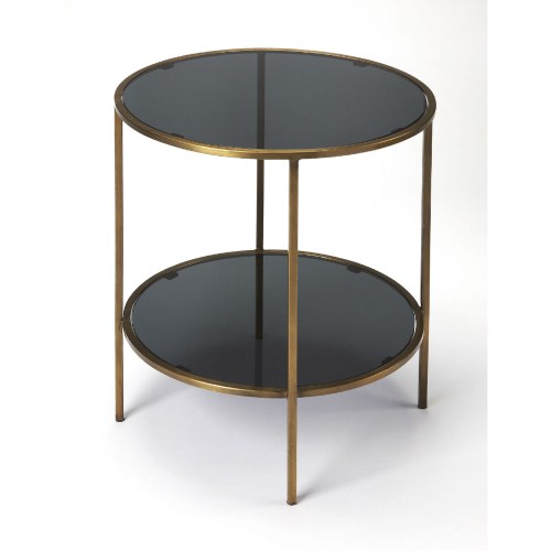 Roxanne Side Table in Antique Gold Iron & Black Glass