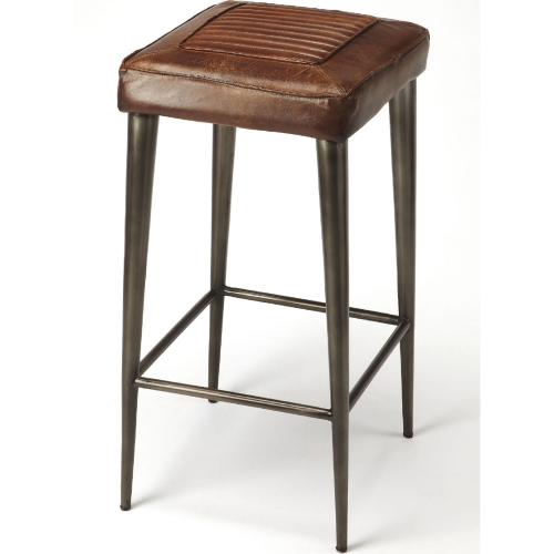 Maxine Bar Stool in Brown Leather on Iron Base