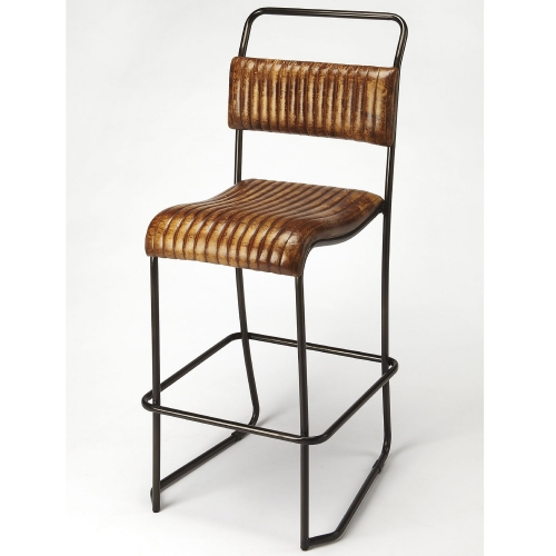 Vega Bar Stool in Brown Leather & Black Iron