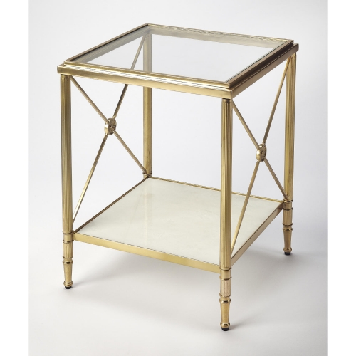 Taren End Table in White marble, Tempered Glass & Gold