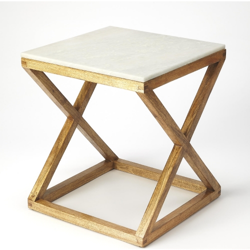 Braylon End Table in White Marble & Natural Wood