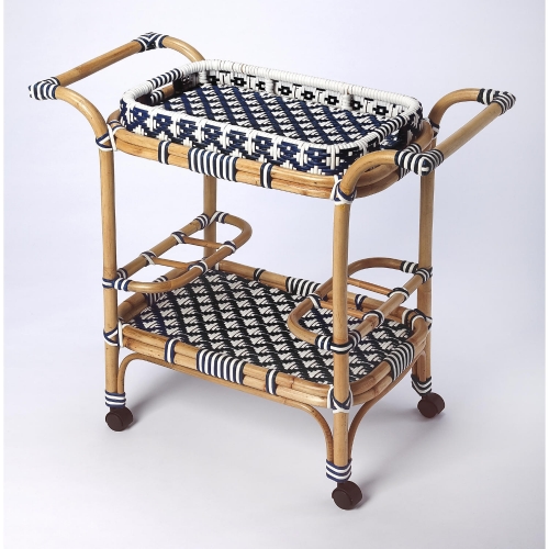 Selena Bar Cart in Blue & White Poly & Rattan
