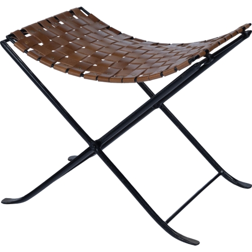 Karma Stool in Woven Brown Leather & Black Iron