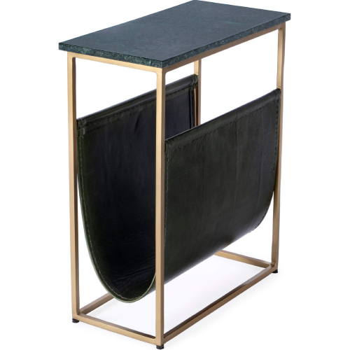 Edie 17.5" Magazine Side Table in Green Marble, Brown Leather & Gold