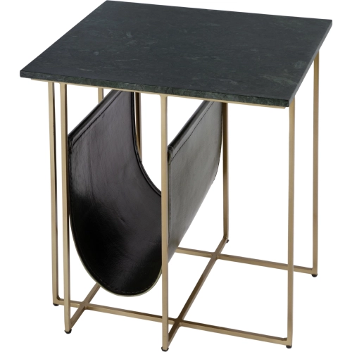 Stephanik Magazine Side Table in Green Marble, Gold Iron & Gray Brown Leather