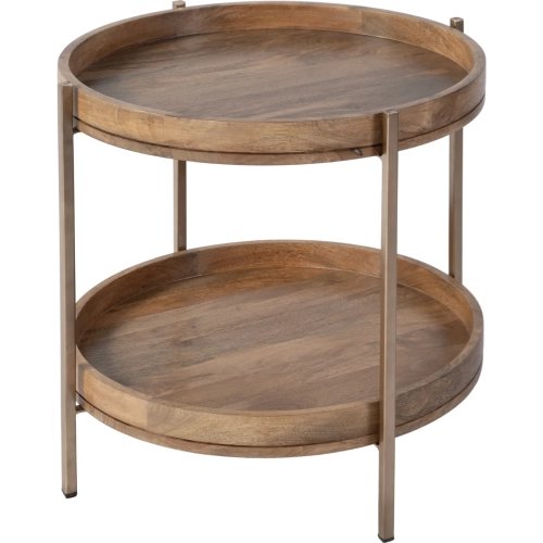 Damirra 23" Round 2 Tier Side Table in Distressed Natural Wood & Gold Metal