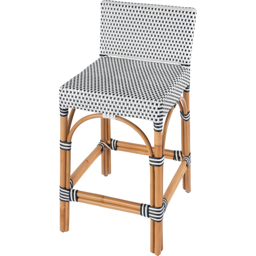 Serienna Low Back Counter Stool in White & Navy Dot PE Rattan & Rattan