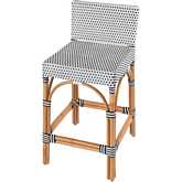 Serienna Low Back Counter Stool in White & Navy Dot PE Rattan & Rattan