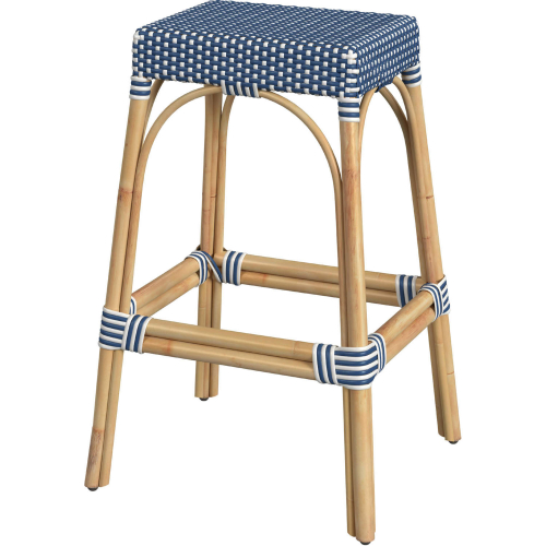 Robias 30" Bar Stool in Blue & White Dot PE Rattan & Natural Color Rattan