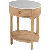 Ellen Oval 1 Drawer Nightstand in White Gray Marble & Natural Wood