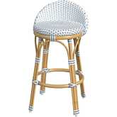 Tobias Outdoor Low Back Counter Stool in White, Sky Blue Dot & Natural Rattan
