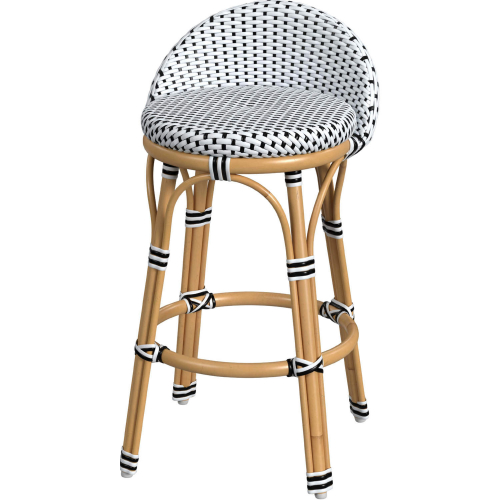 Tobias Outdoor Low Counter Stool in Black & White PE Rattan & Rattan Color Aluminum