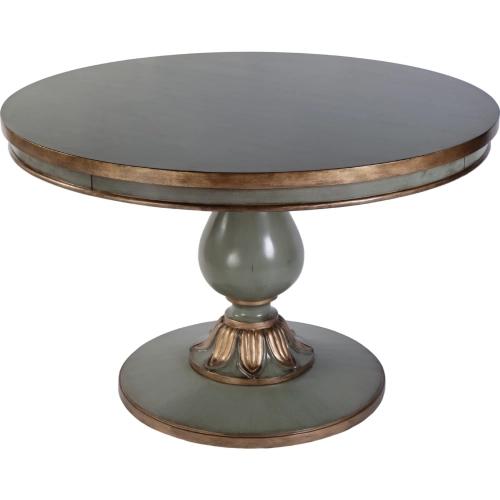 Evie 48" Round Pedestal Dining Table in Distressed Green & Gold Wood