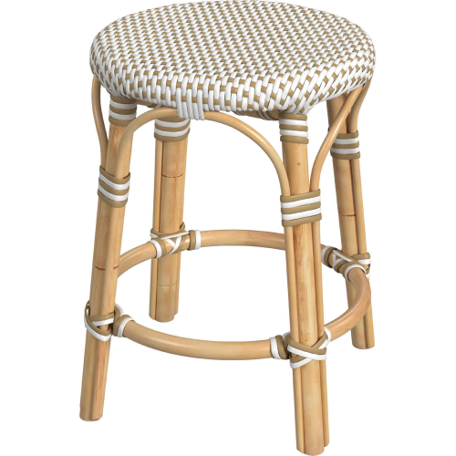 Tobias Round Dining Stool in White & Tan Dot PE Rattan & Natural Rattan