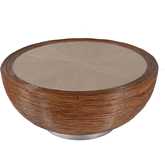 Harding Drum Coffee Table in Taupe Wood & Brown Rattan