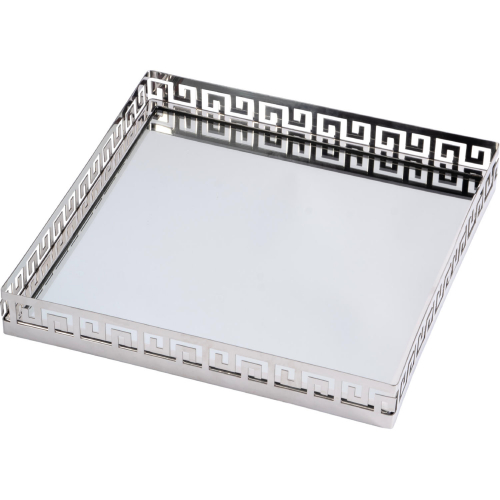 Cleo Square Serving Tray in Polished Silver Stainless Steel & Glass